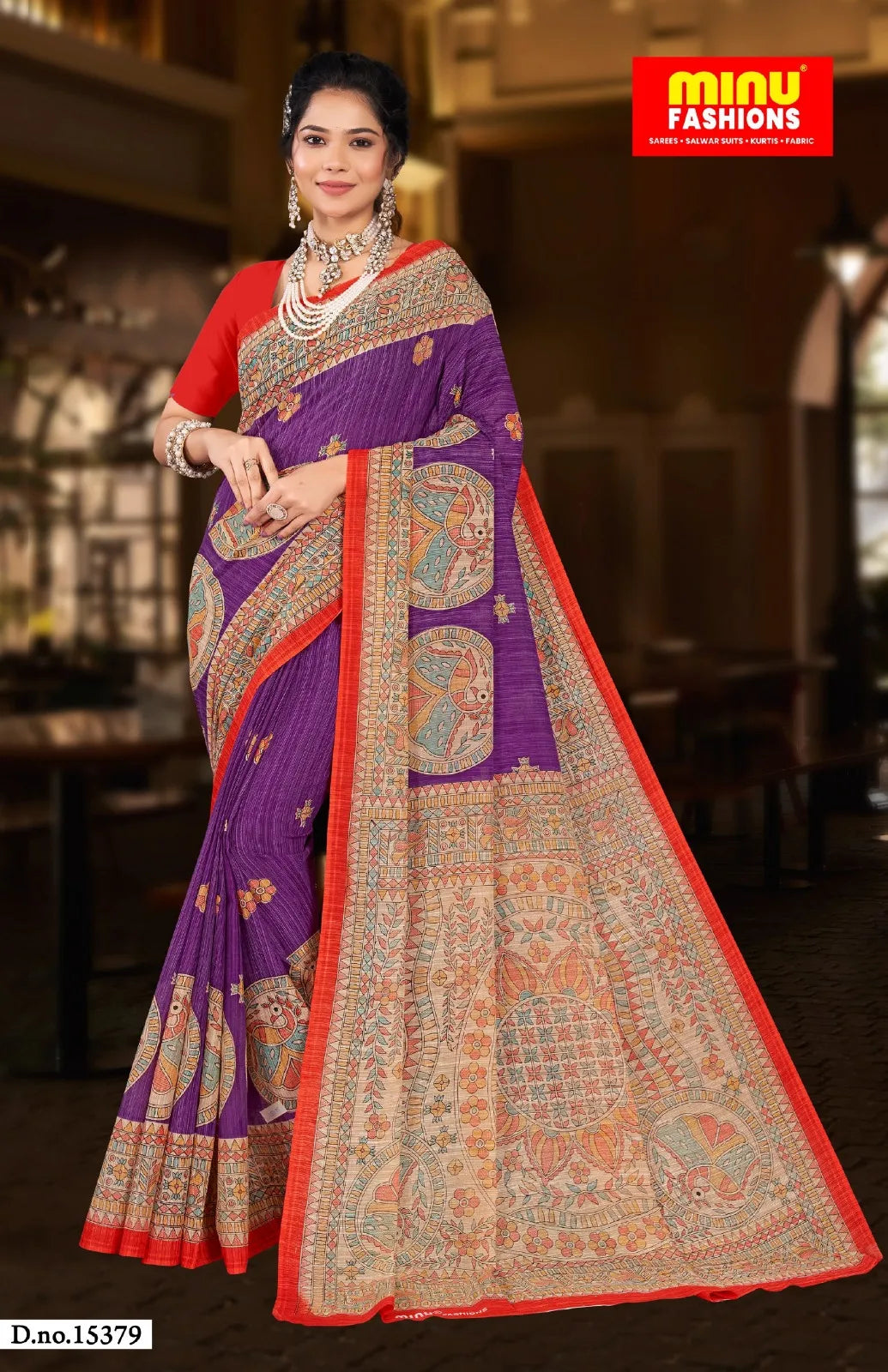 Madhubani Kantha Malai Cotton Printed Saree Violet Premium Cotton Saree