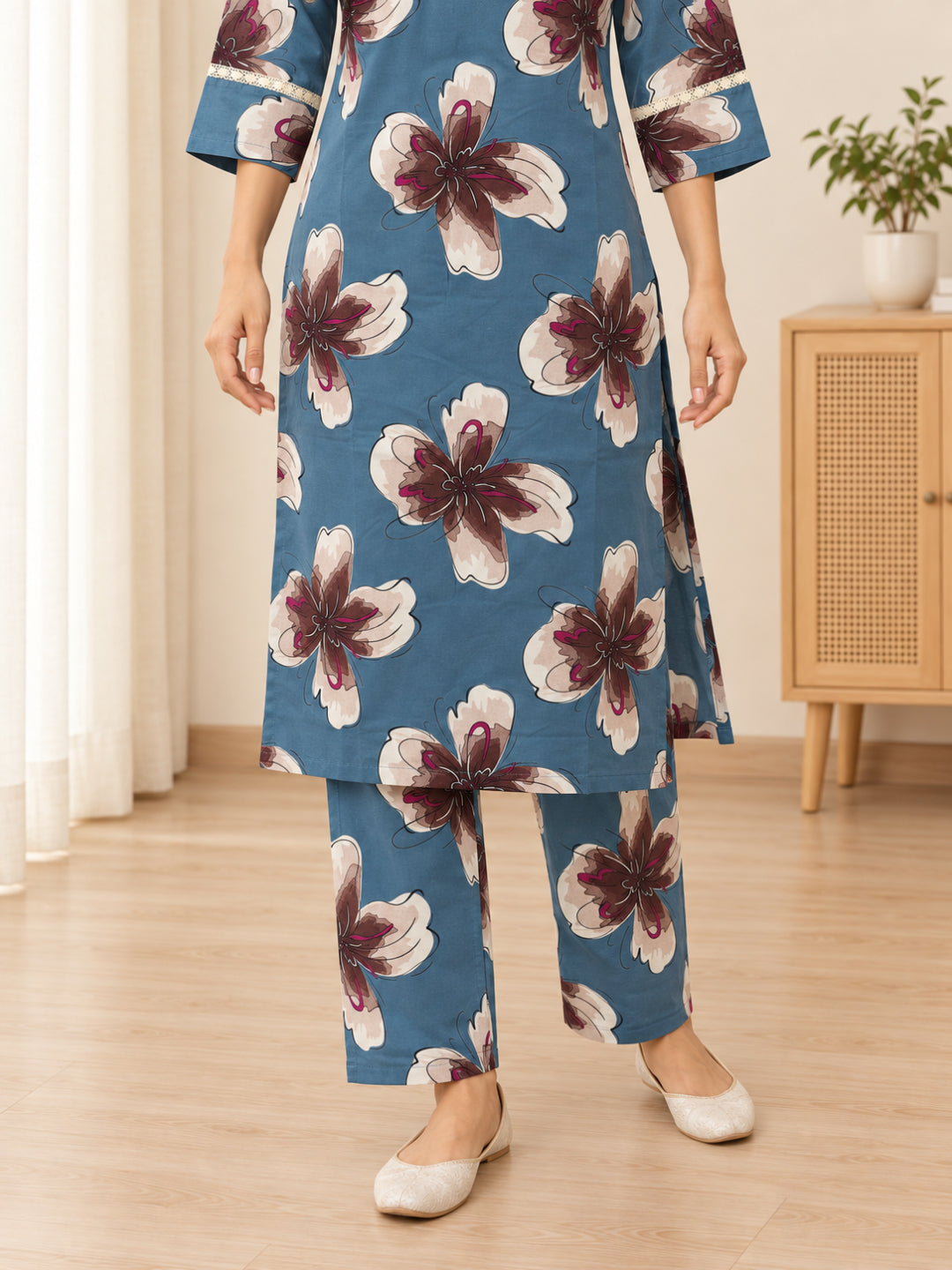 Anouk Luna Sky Blue Pure Cotton Digital Print Co-Ord Set for Women | V Neck Lace Work Straight Fit Top with Elasticated Waist Trouser