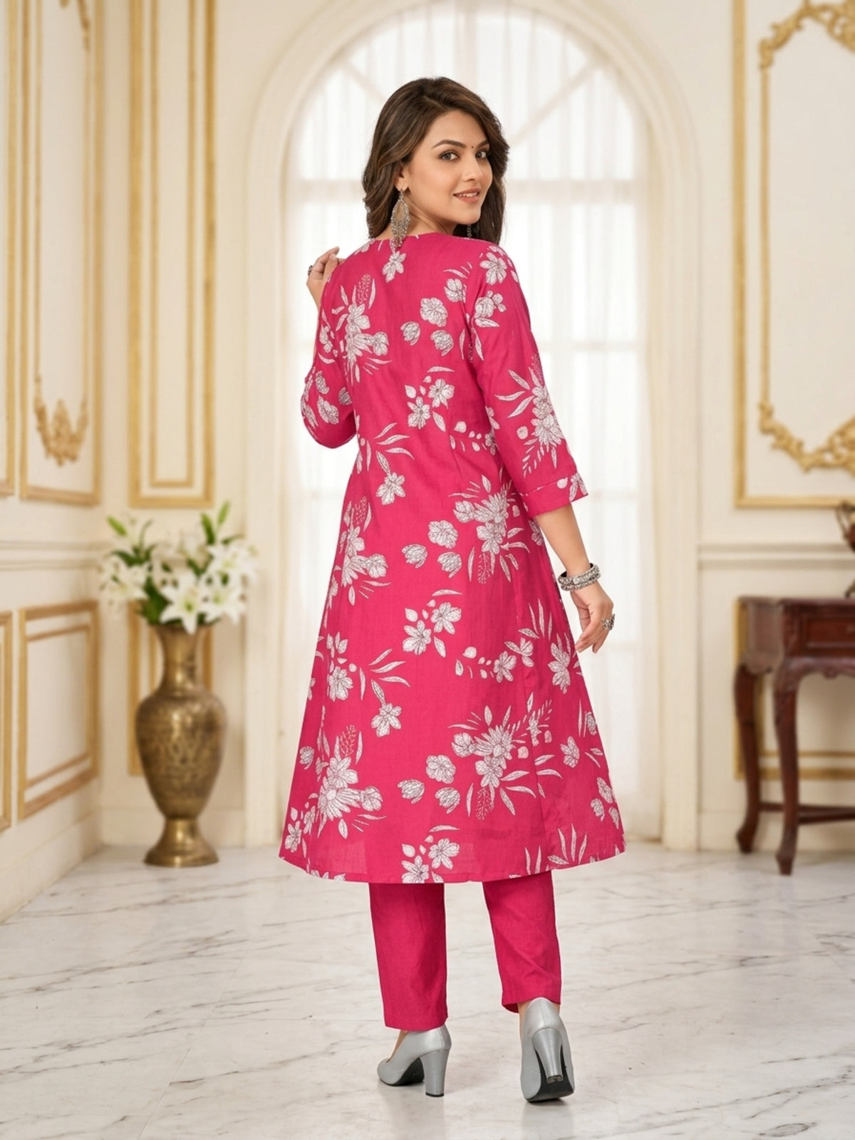 Elegant Ethnic Women Vatican Silk Printed Flared Kurti Pant Set with V-Neck & 3/4 Sleeve | Ank