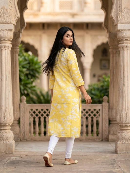 Pooja Women Floral Printed Cotton Ethnic Kurti with Round Neck & Three-Quarter Sleeves