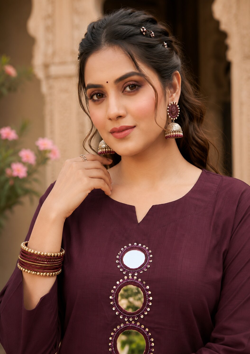 Purva Women Vartican Silk Straight Cut Kurti Set with Palazzo | Mirror & Beads Work | Women's Ethnic Wear