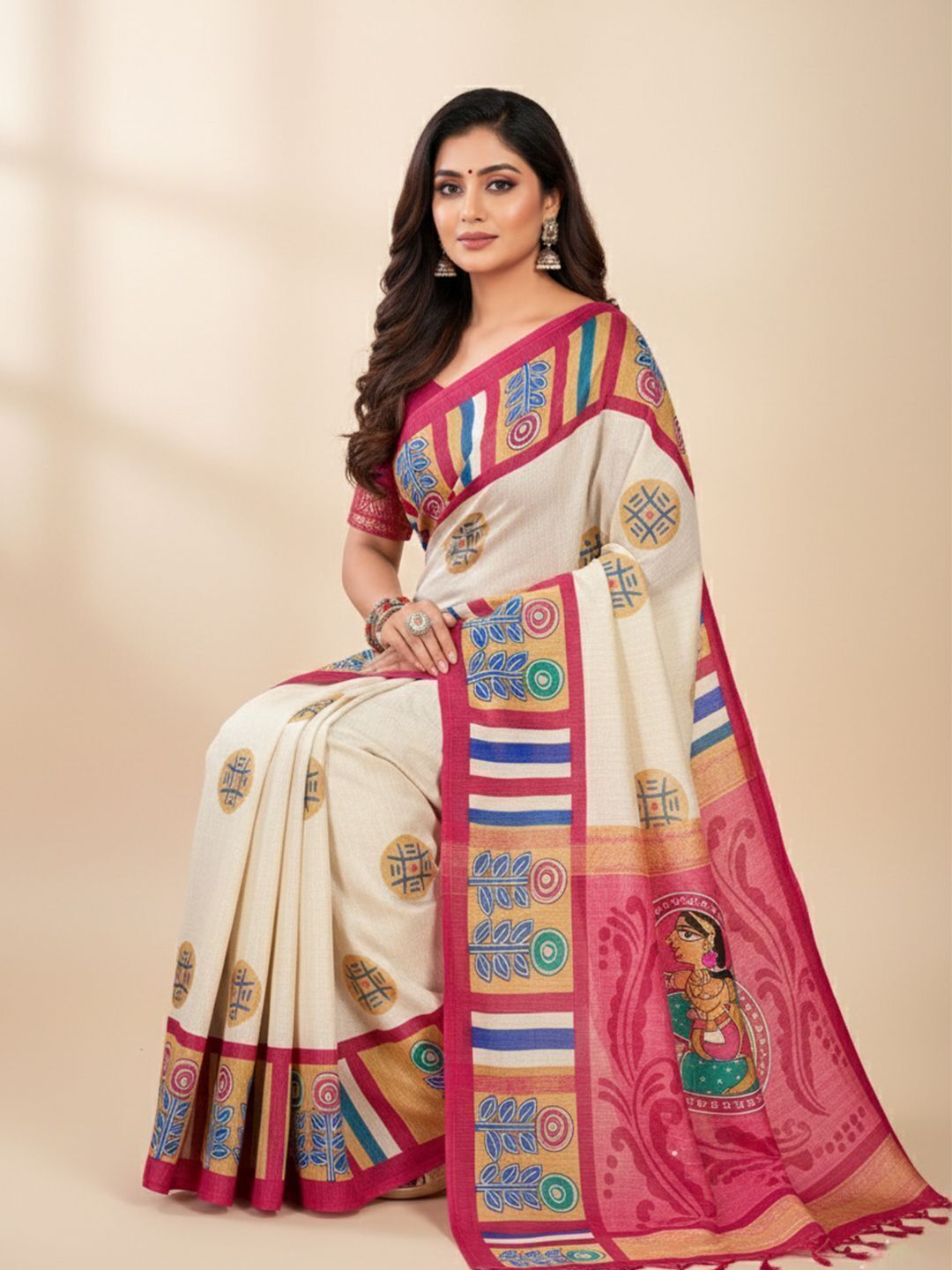 Srimoyee Off-White & Rani Pink Folk Motif Saree