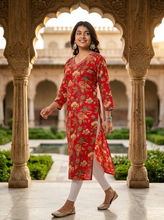 Red Floral Printed Cotton Casual Wear V-Neck Kurta