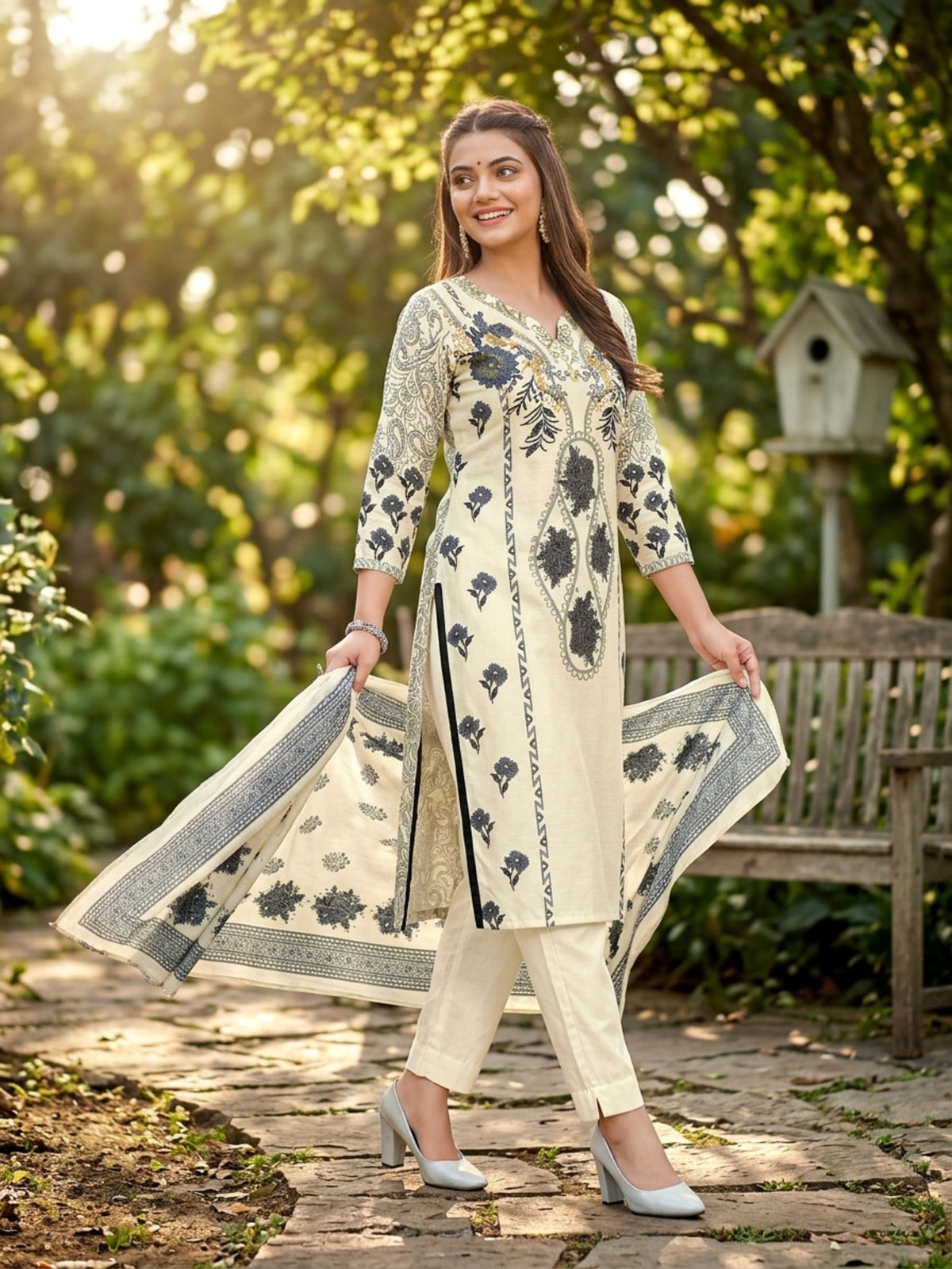 Scarlet Women White Chanderi Cotton Flower Printed Kurta with Trouser & Dupatta Set | V-Neck 3/4 Sleeves Woven Kurta with Elasticated Waistband | Slip-On Bottom | Ethnic Wear | Ank