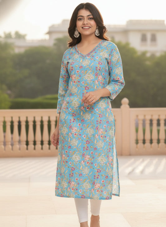 Women Sky Blue Floral Printed Pure Cotton Straight Kurti