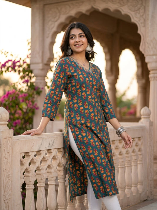 Teal Green Floral Printed Cotton Kurta with V-Neck
