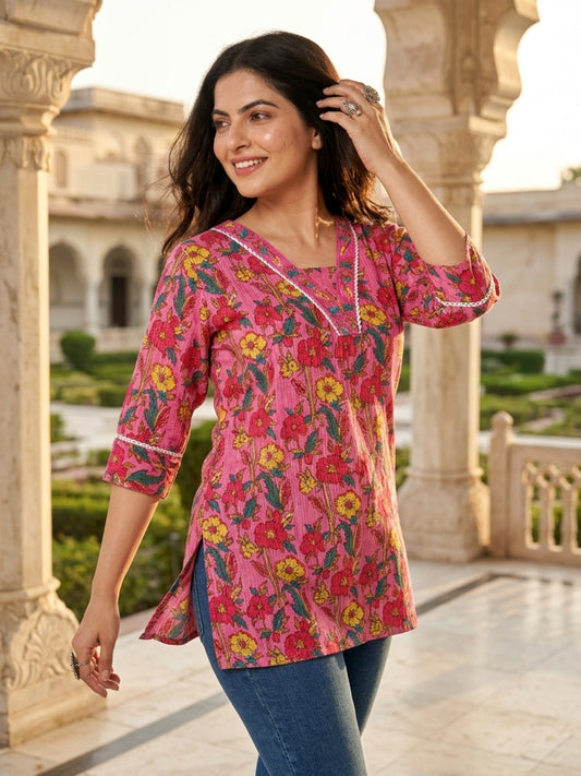 Pink Floral Print Cotton Short Kurti with Lace Detail V-Neck