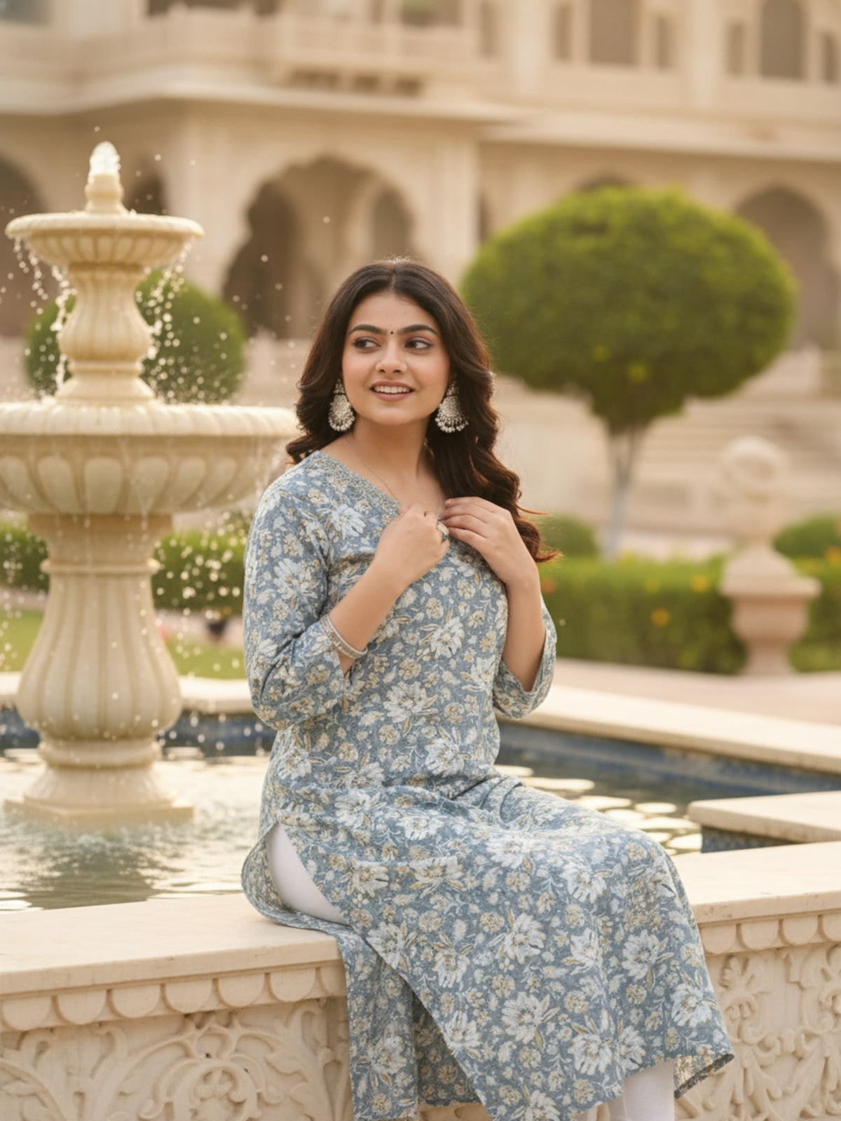 Greyish-Blue Floral Print Cotton Straight Kurti