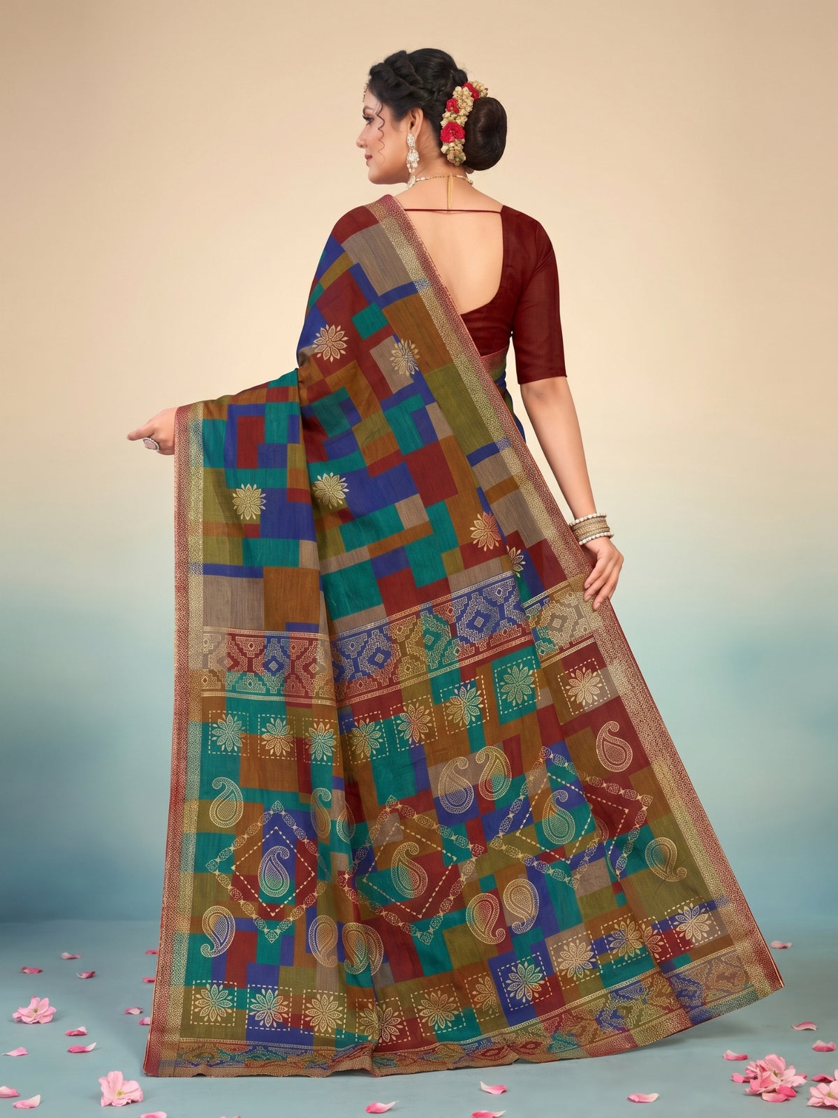 Matka Masleen Multi-Color Geometric Check Saree With Paisley Pallu