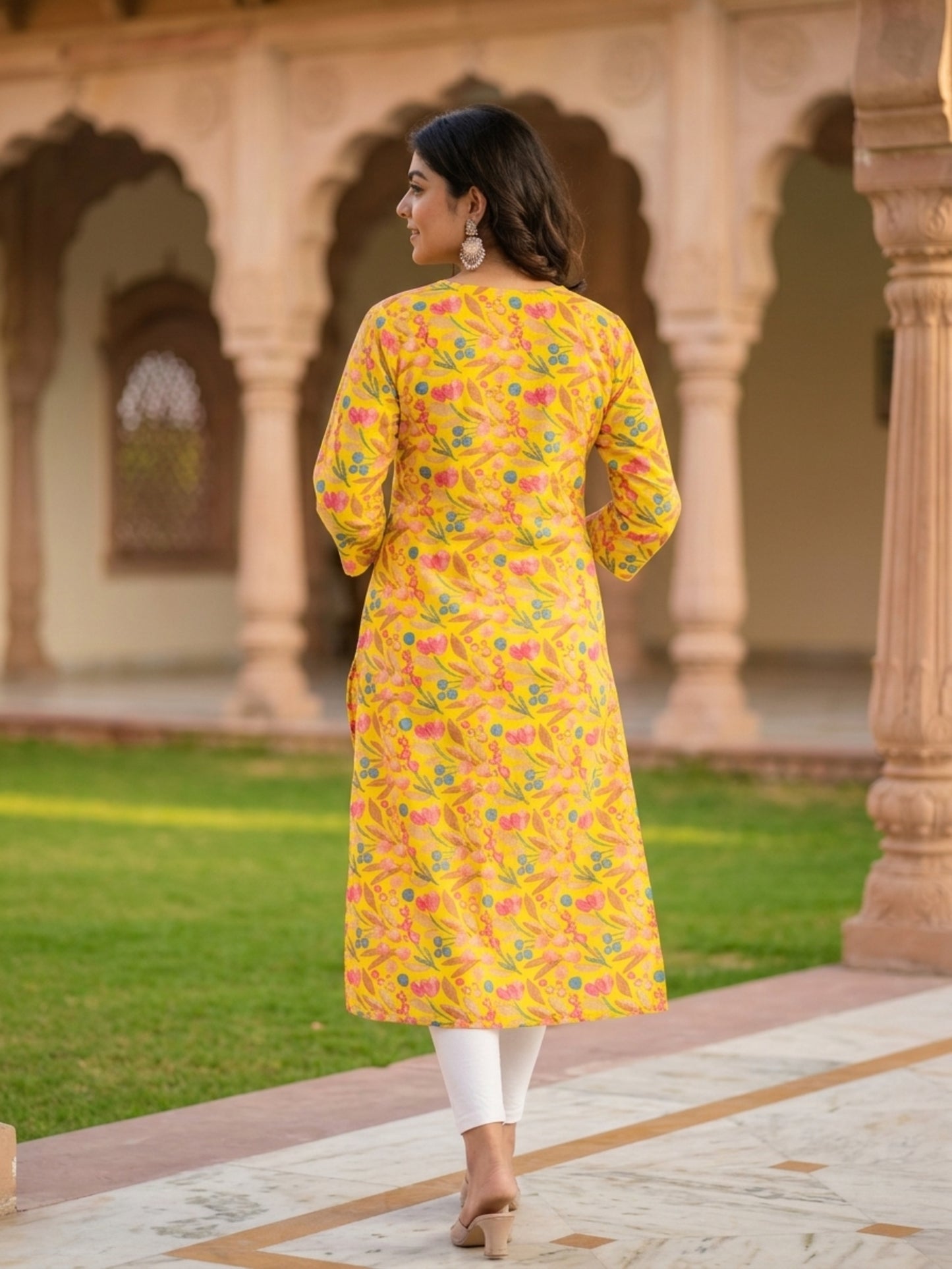 V-Neck Three-Quarter Sleeve Yellow Print Casual Kurti