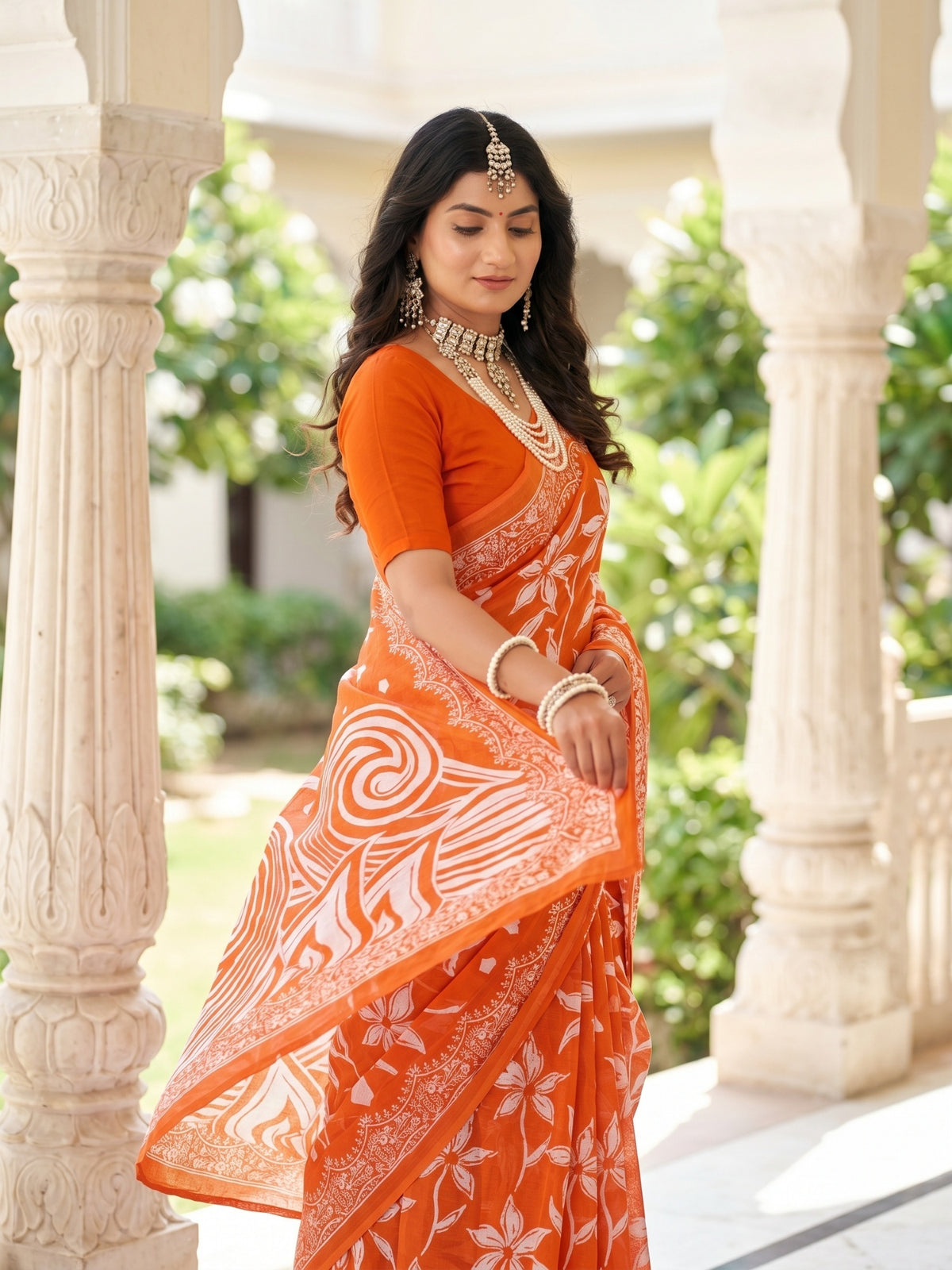 Malang 94 Pure Cotton Printed Daily Wear Saree – Orange