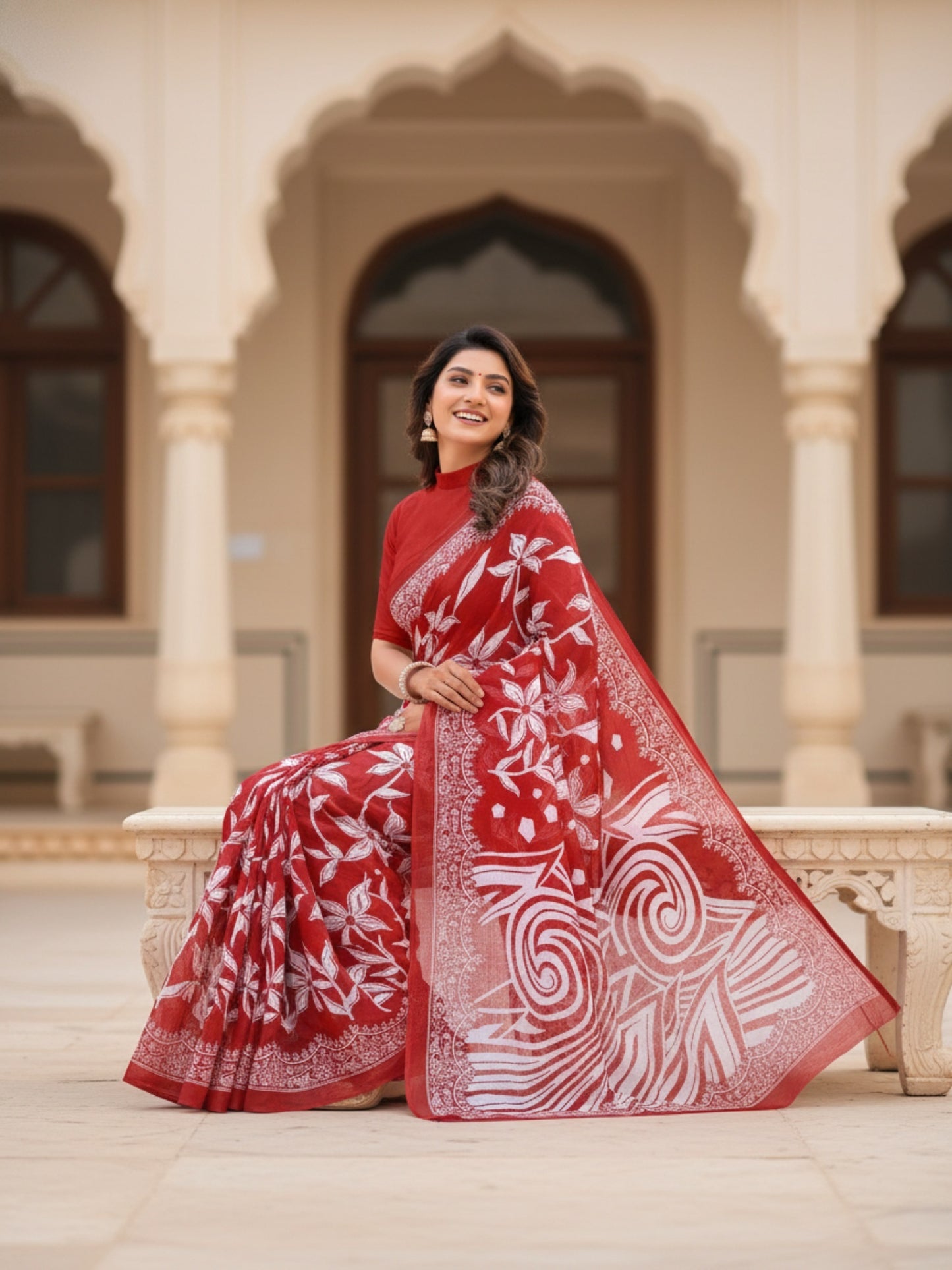 Malang 94 Pure Cotton Printed Daily Wear Saree – Dark Red