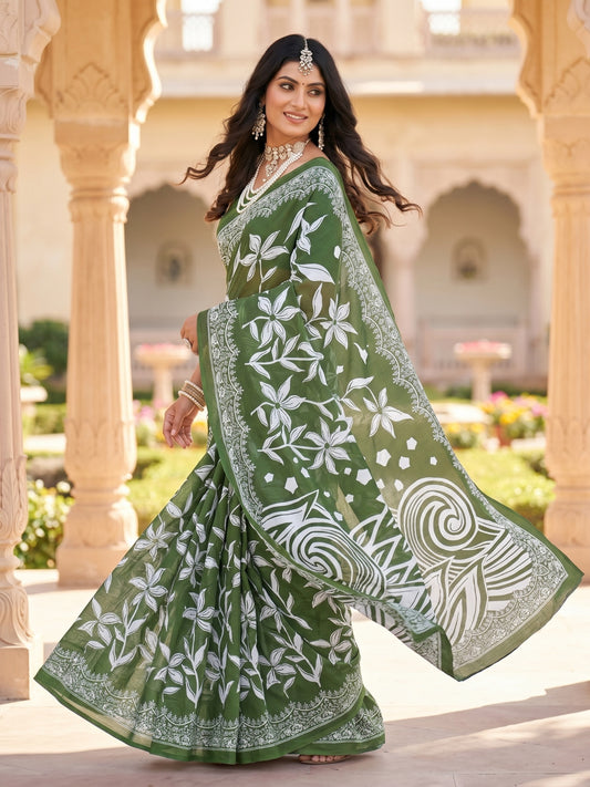 Malang 94 Pure Cotton Printed Daily Wear Saree – Green