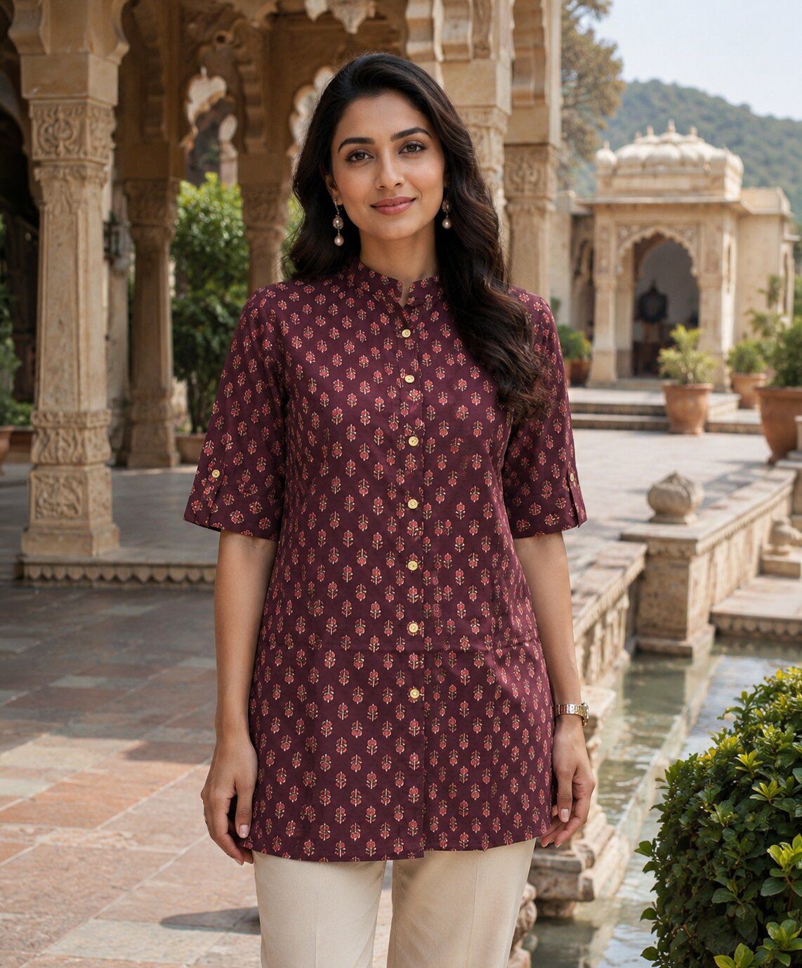 Minu Fashions Ayesha Ajrakh Floral Print Pure Cotton Straight Tunic Short Top for Women
