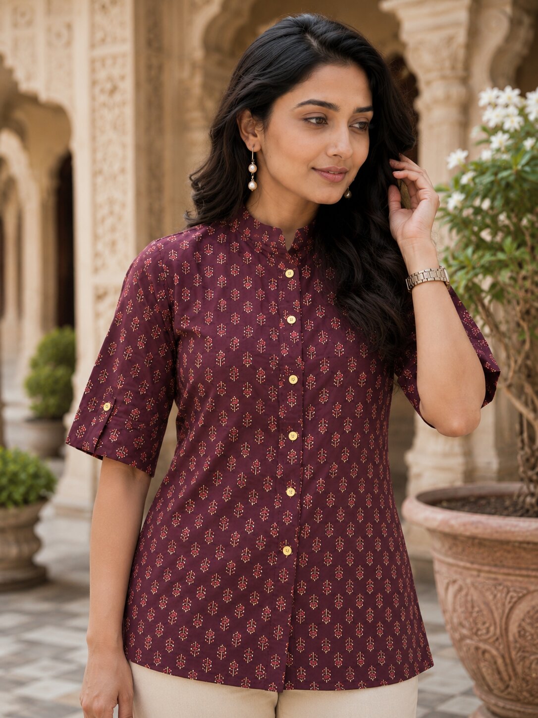 Minu Fashions Ayesha Ajrakh Floral Print Pure Cotton Straight Tunic Short Top for Women