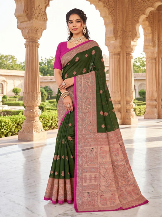 Minu fashions Printed Daily Wear Pure Cotton Saree (Green)