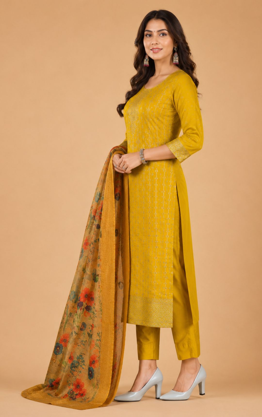 Celebrity Women Chanderi Zari Work Kurta with Round Neck, Three-Quarter Sleeves, Salwar with Elasticated Waistband & Floral Printed Dupatta Set | Ank