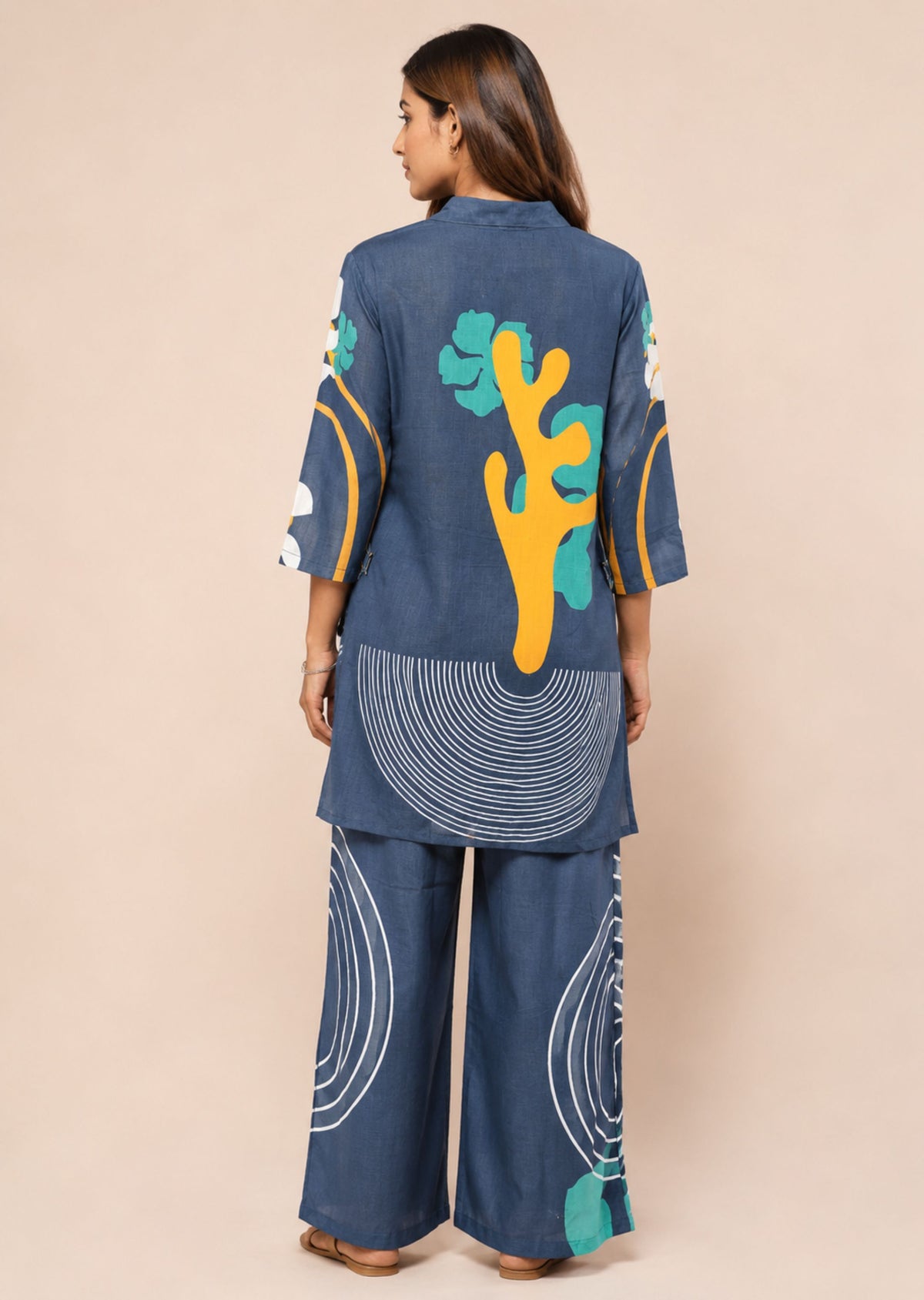 Juni Women Navy Blue Abstract Printed Co-Ord Set With Straight Kurta & Matching Trousers | Soft Breathable Fabric | Minu