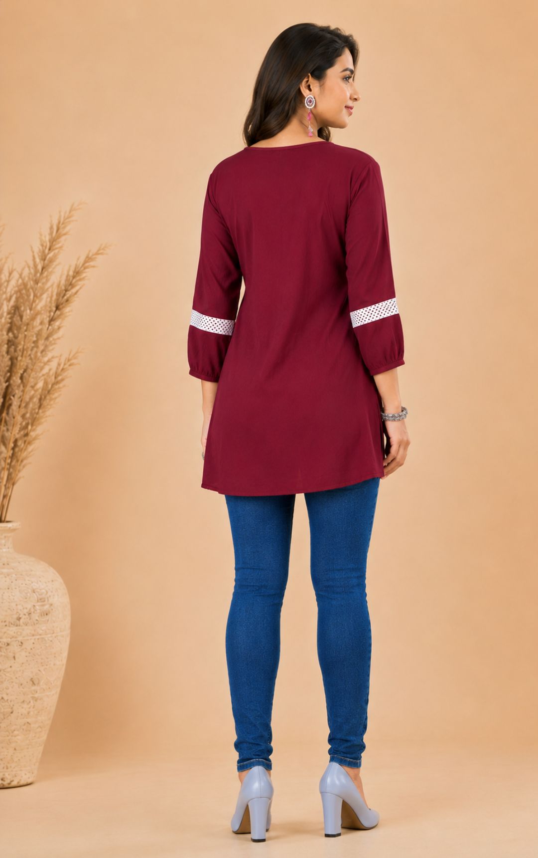 Minu Women Maroon Rayon Gathered-Neck Tunic Top with Lace Detail Sleeves | Round Neck, 3/4 Sleeve Regular Fit Top | Soft & Breathable Fabric For Stylish Daily, Office & Casual Wear