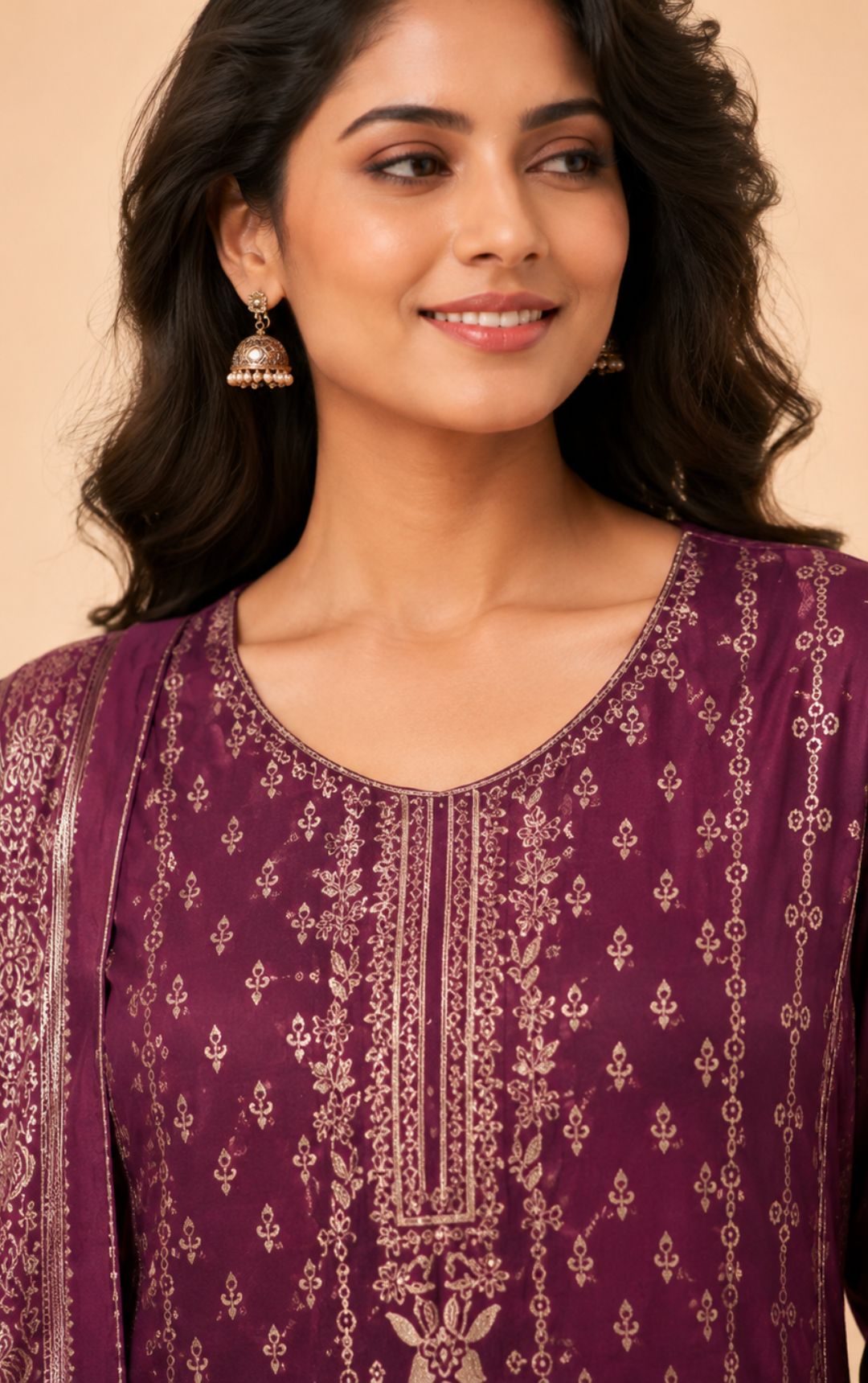 Famous Women Zari Work Chanderi Kurta Set with Salwar & Dupatta | V-Neck 3/4 Sleeves Woven Kurta | Elasticated Waist Slip-On Salwar | Ethnic Wear