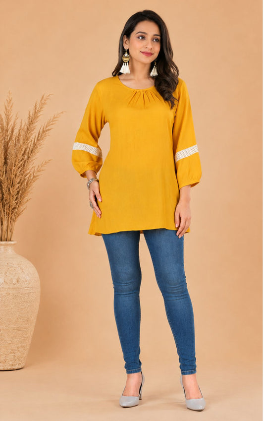Mustard Yellow Cotton Short Kurti with Gathered Neck