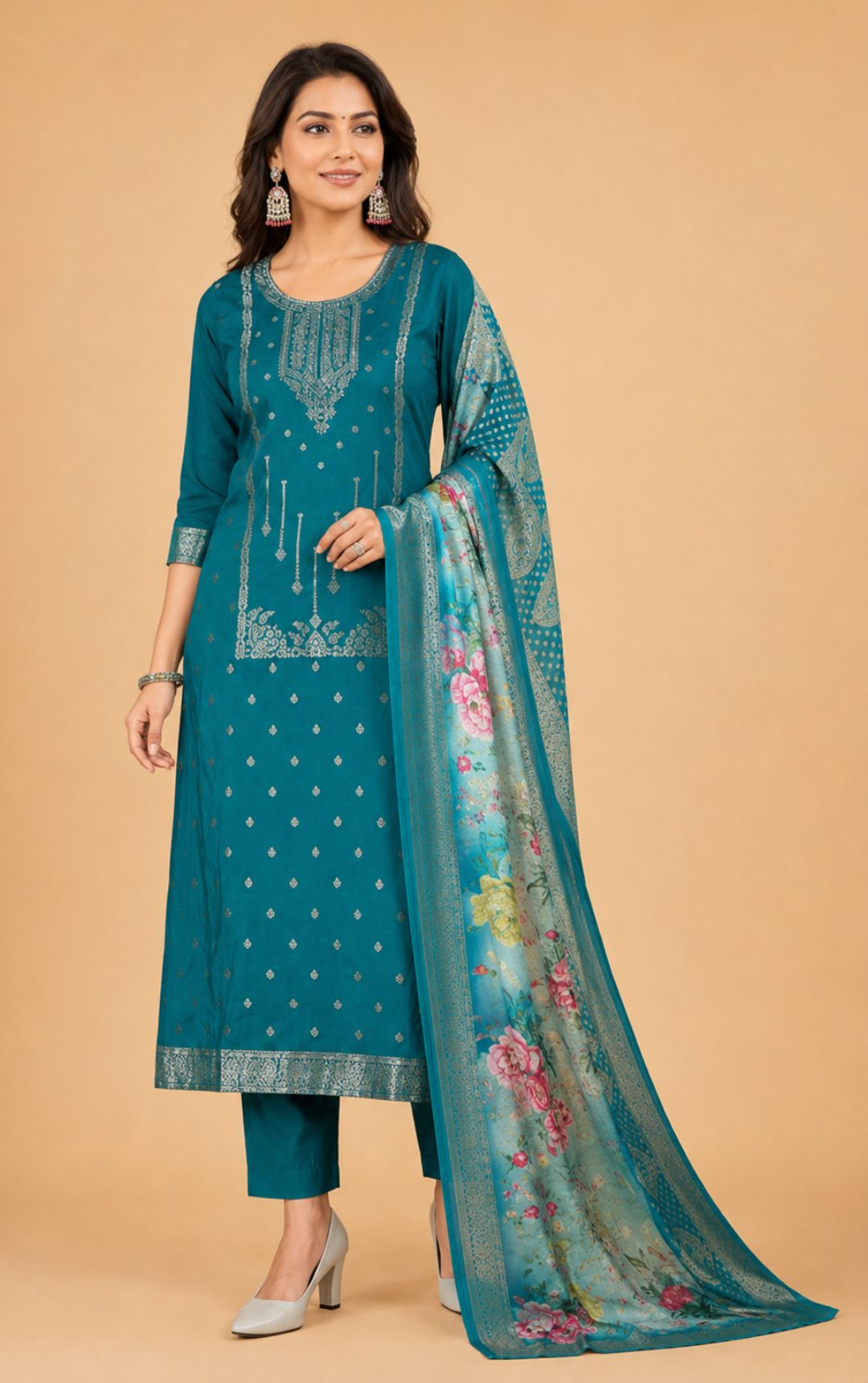Celebrity Women Chanderi Zari Work Kurta with Round Neck, Three-Quarter Sleeves, Salwar with Elasticated Waistband & Floral Printed Dupatta Set | Ank