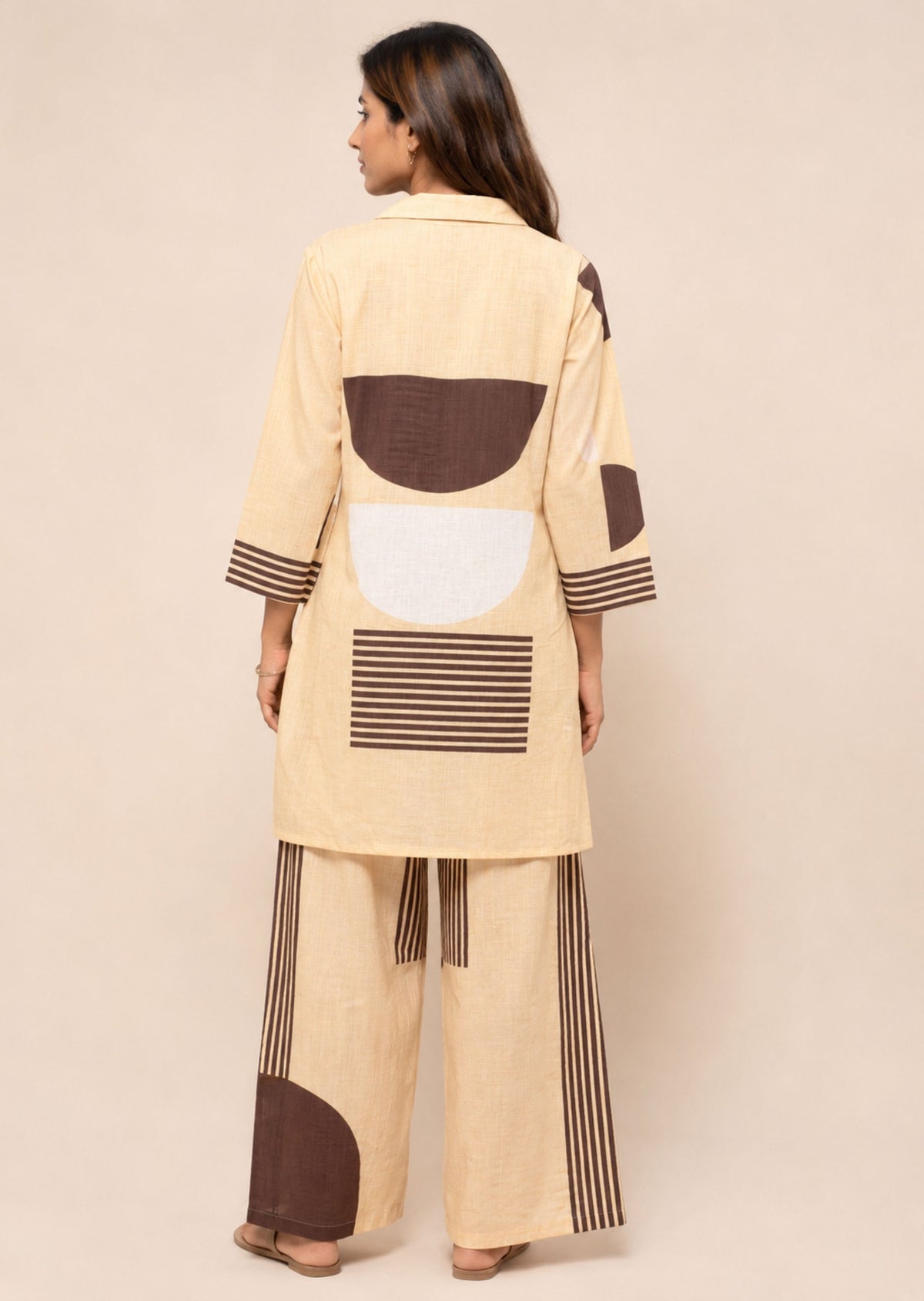 Juni Women Abstract Printed Beige Co-Ord Set with Straight Kurta & Matching Trousers | Round Neck, Three-Quarter Sleeves | Minu