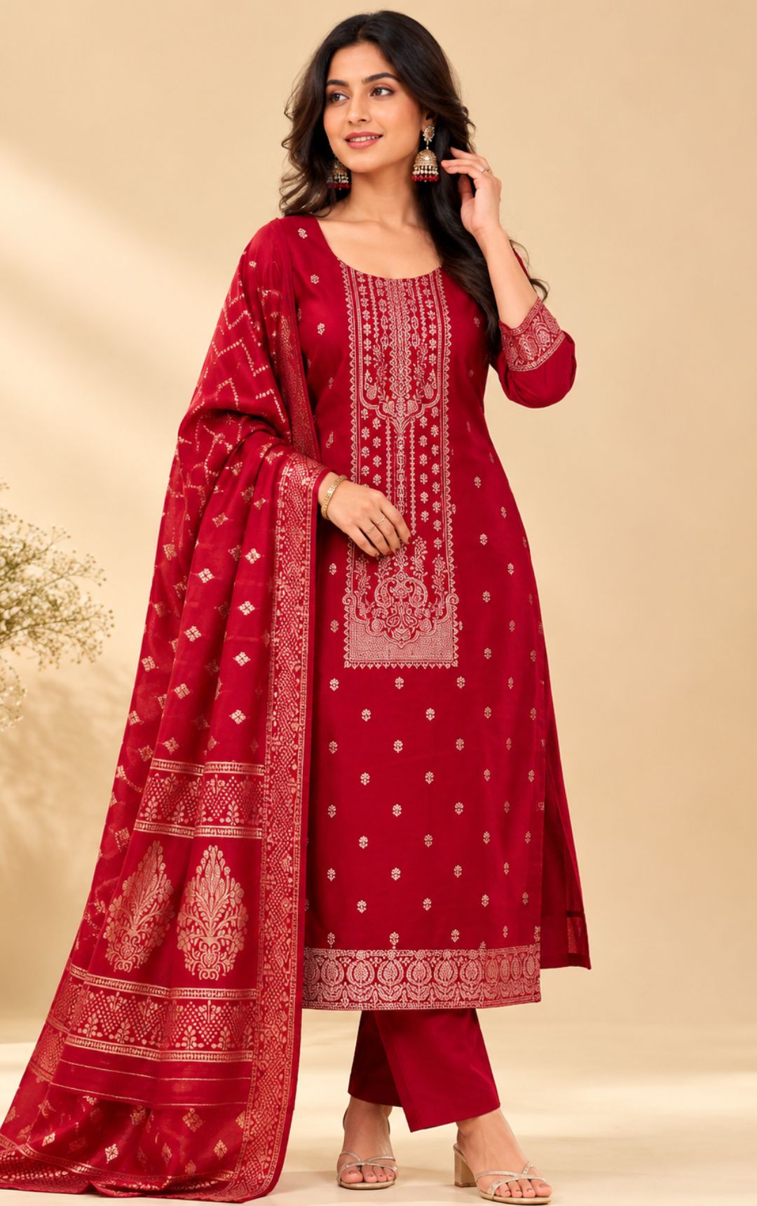 Famous Women Zari Work Chanderi Kurta Set with Salwar & Dupatta | V-Neck 3/4 Sleeves Woven Kurta | Elasticated Waist Slip-On Salwar | Ethnic Wear