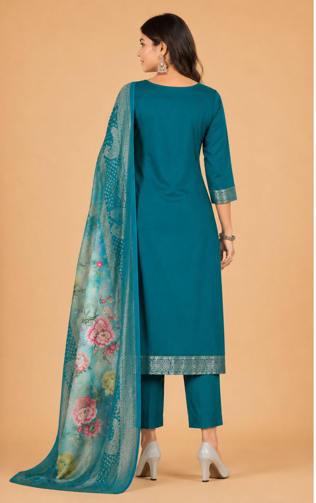 Celebrity Women Chanderi Zari Work Kurta with Round Neck, Three-Quarter Sleeves, Salwar with Elasticated Waistband & Floral Printed Dupatta Set | Ank
