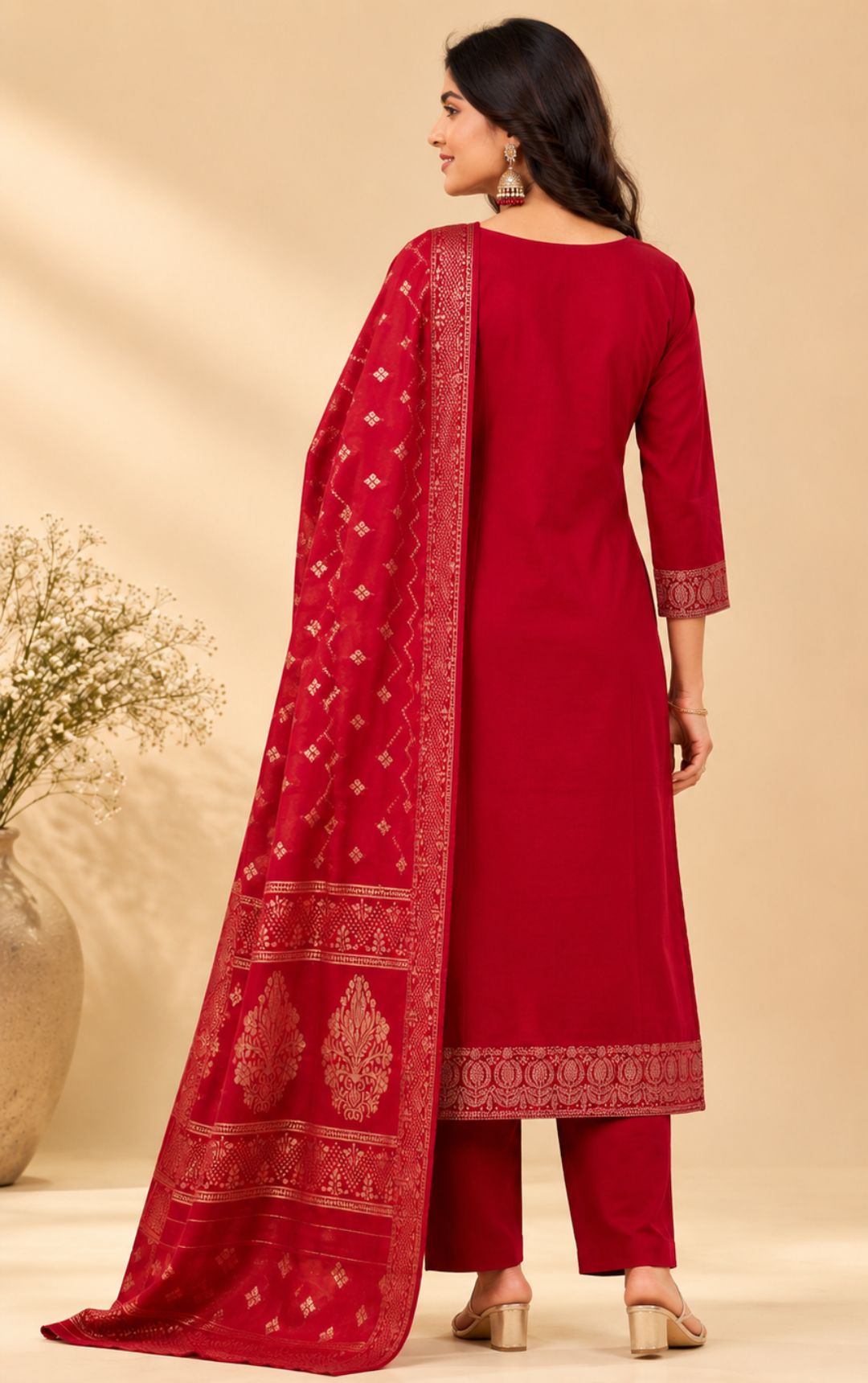 Maroon Zari Embroidered Chanderi Silk Kurta, Pant & Dupatta Set