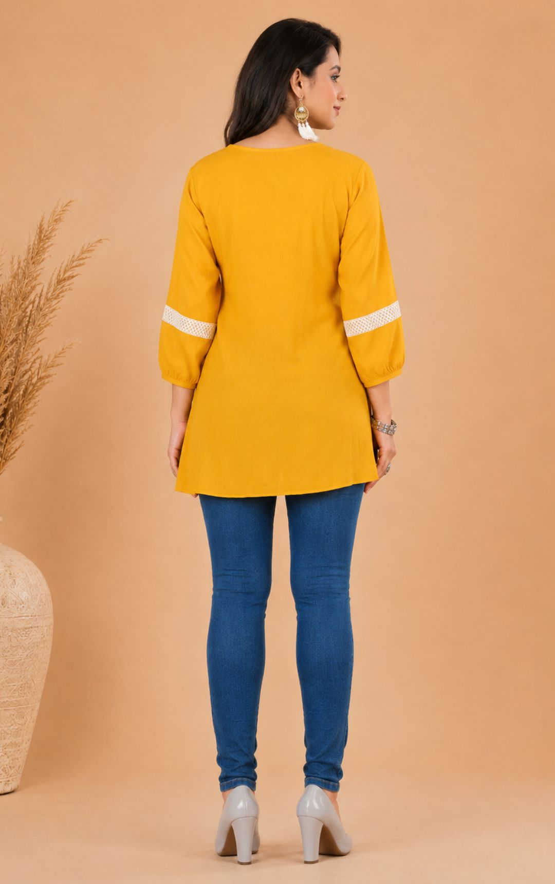 Mustard Yellow Cotton Short Kurti with Gathered Neck