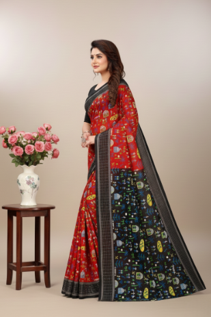 Boutique Special Gold Cotton Printed Red Saree