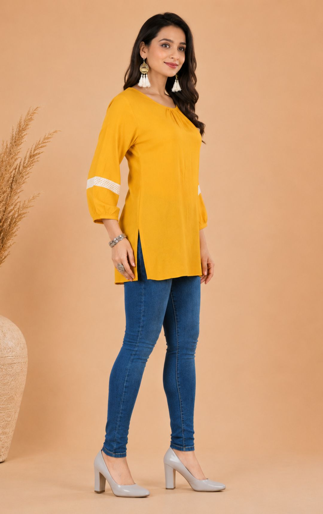 Mustard Yellow Cotton Short Kurti with Gathered Neck