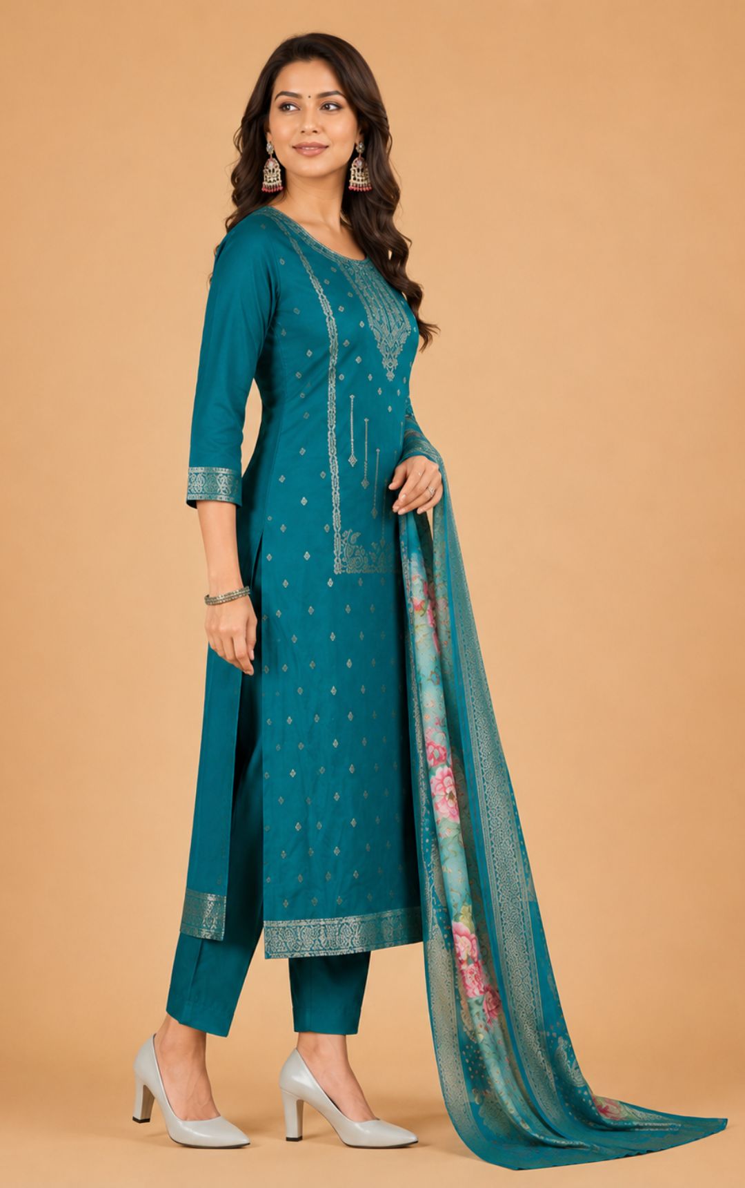 Celebrity Women Chanderi Zari Work Kurta with Round Neck, Three-Quarter Sleeves, Salwar with Elasticated Waistband & Floral Printed Dupatta Set | Ank