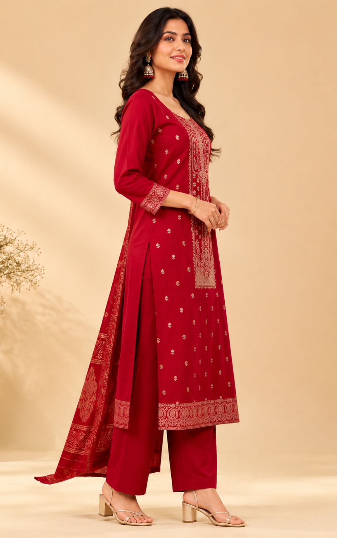 Maroon Zari Embroidered Chanderi Silk Kurta, Pant & Dupatta Set