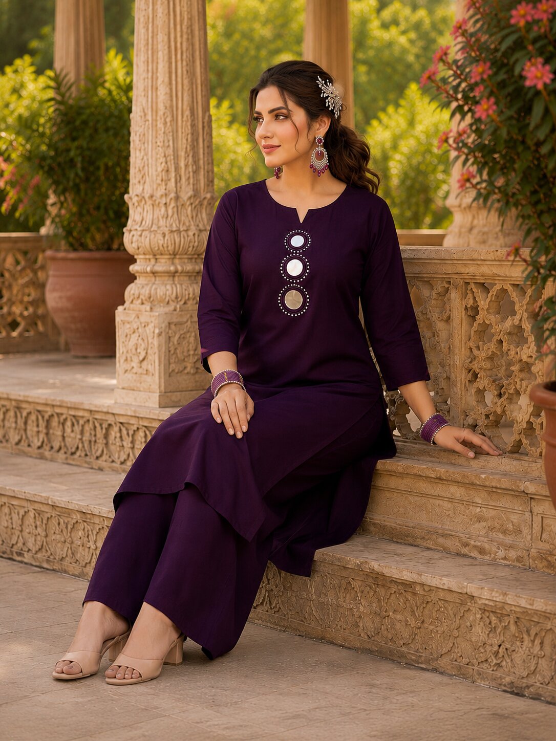 Purva Women Vartican Silk Straight Cut Kurti Set with Palazzo | Mirror & Beads Work | Women's Ethnic Wear