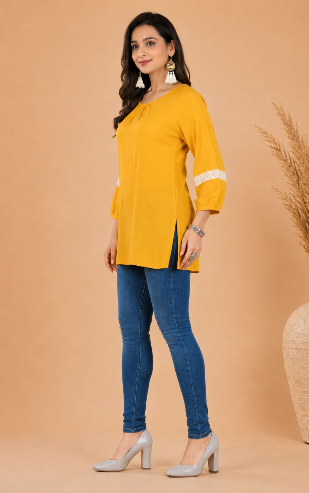 Mustard Yellow Cotton Short Kurti with Gathered Neck