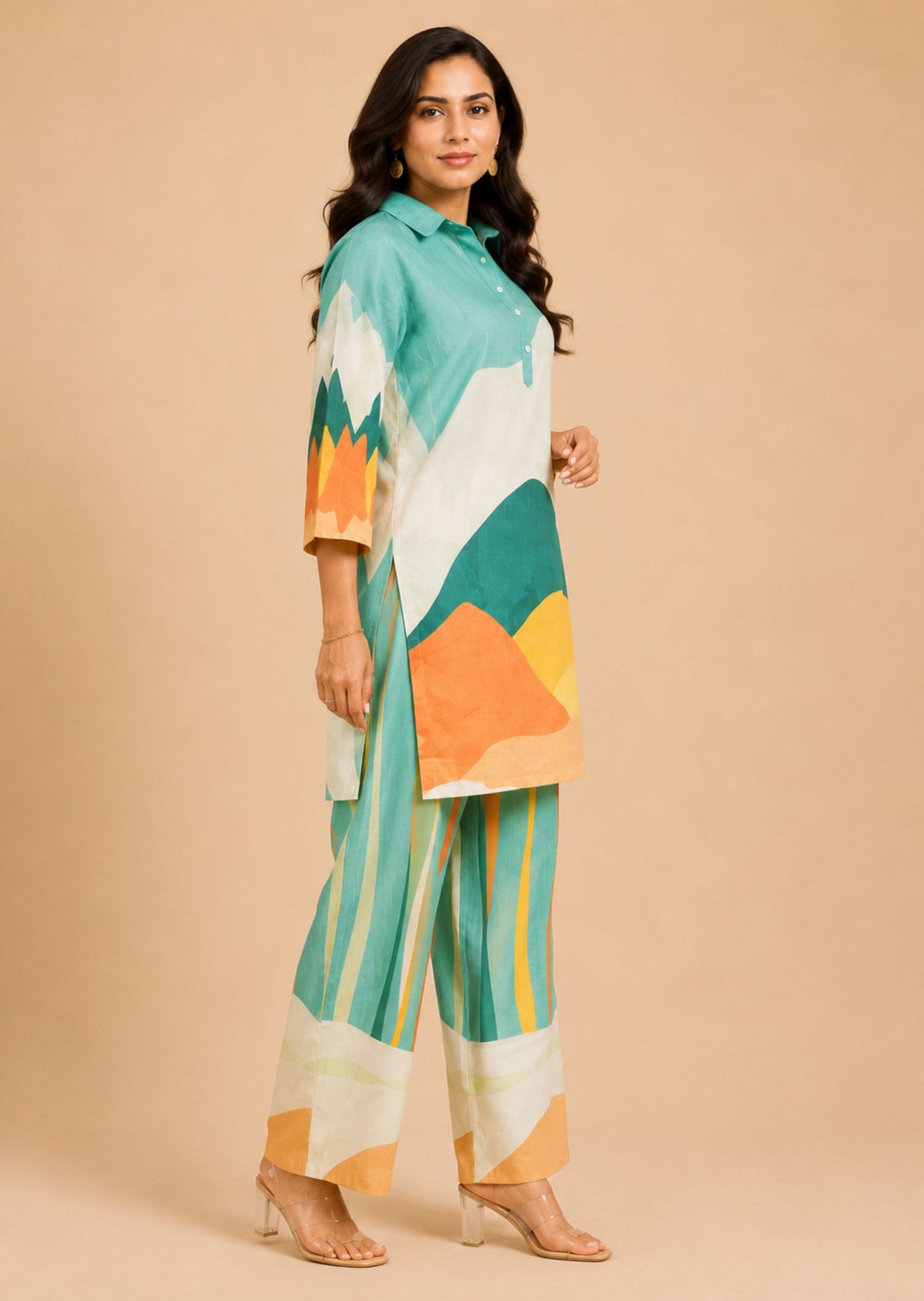 Juni Women Abstract Printed Co-Ord Set | Straight Fit Kurta & Matching Trousers | Comfortable Casual & Daily Wear Two-Piece Outfit | Minu