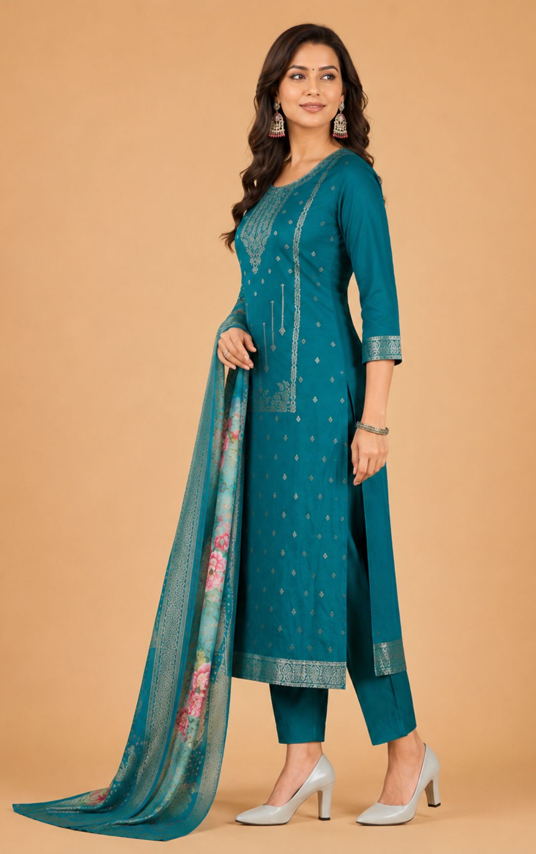 Celebrity Women Chanderi Zari Work Kurta with Round Neck, Three-Quarter Sleeves, Salwar with Elasticated Waistband & Floral Printed Dupatta Set | Ank