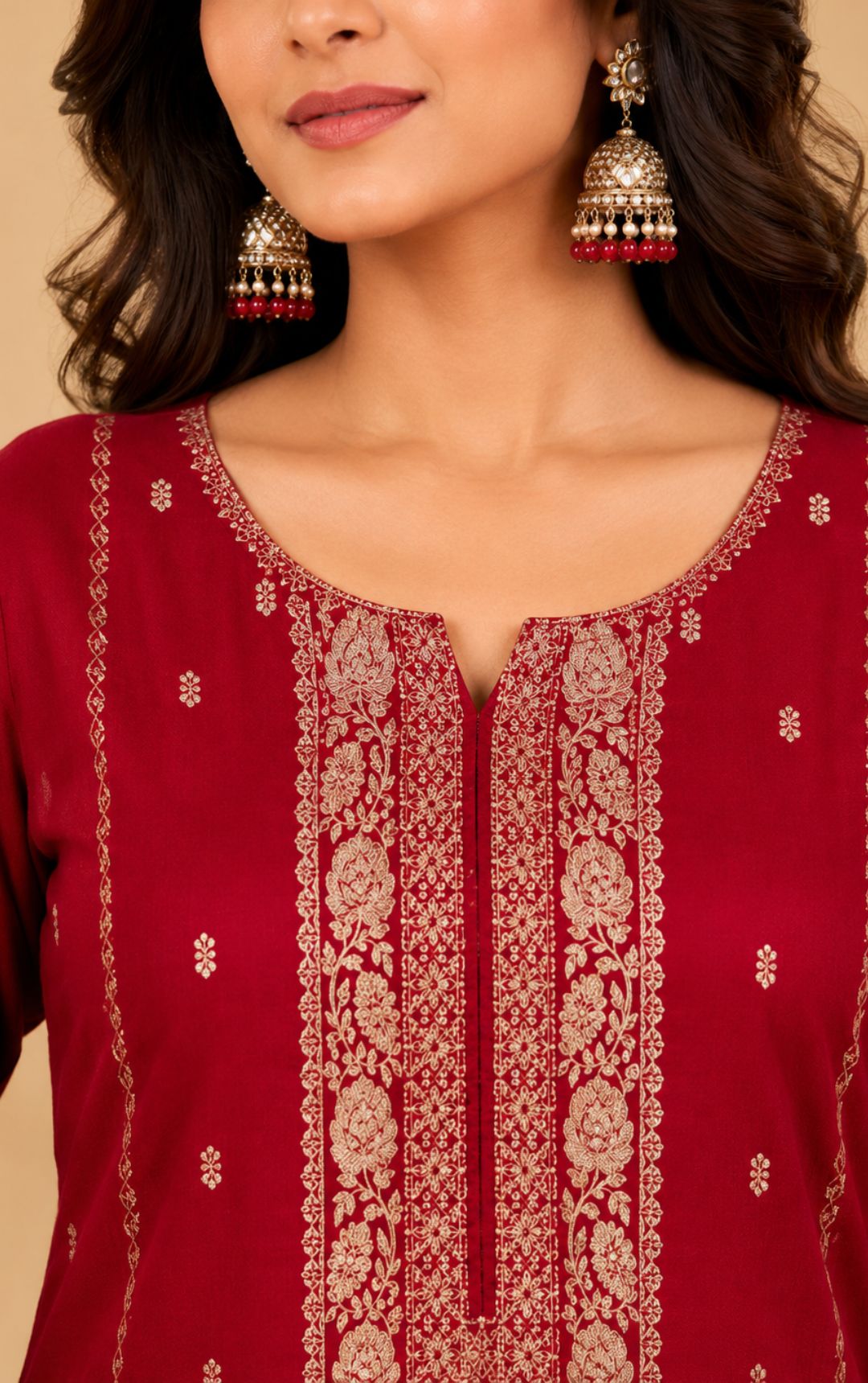 Maroon Zari Embroidered Chanderi Silk Kurta, Pant & Dupatta Set