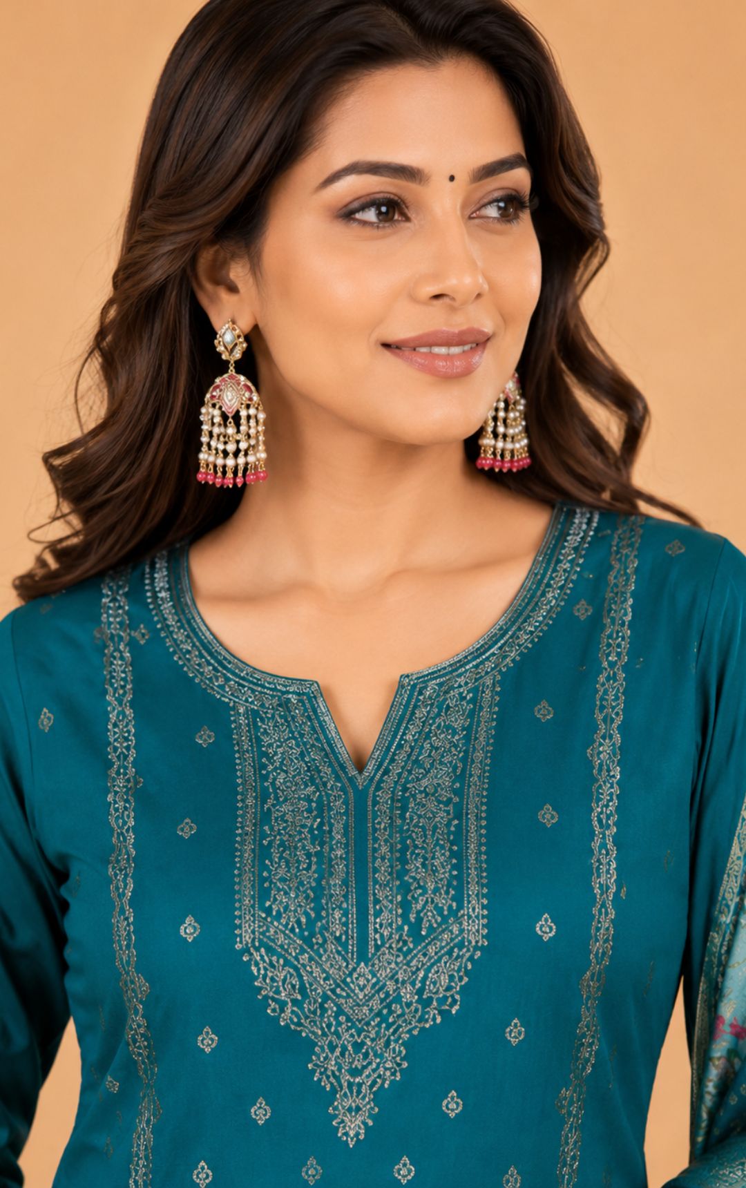 Celebrity Women Chanderi Zari Work Kurta with Round Neck, Three-Quarter Sleeves, Salwar with Elasticated Waistband & Floral Printed Dupatta Set | Ank
