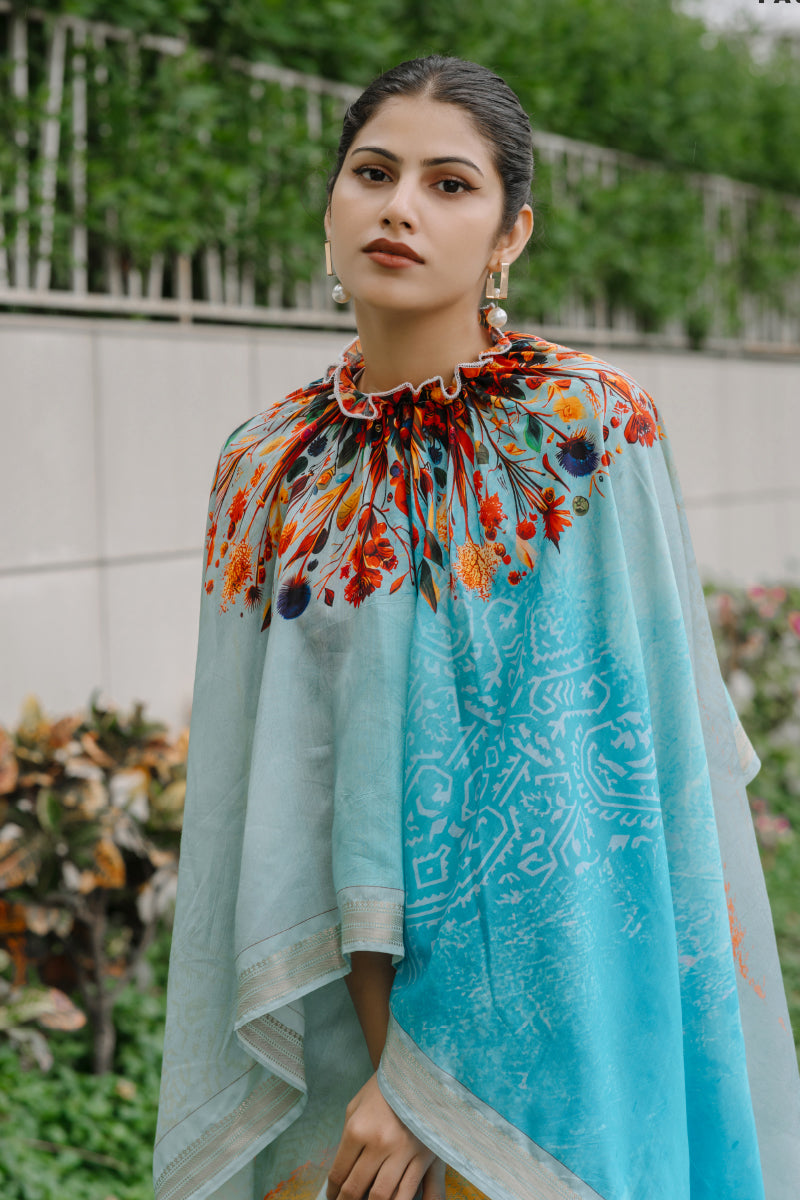 Rashmika Ready To Wear Pure Cotton Digital Printed Kaftan Saree Blue