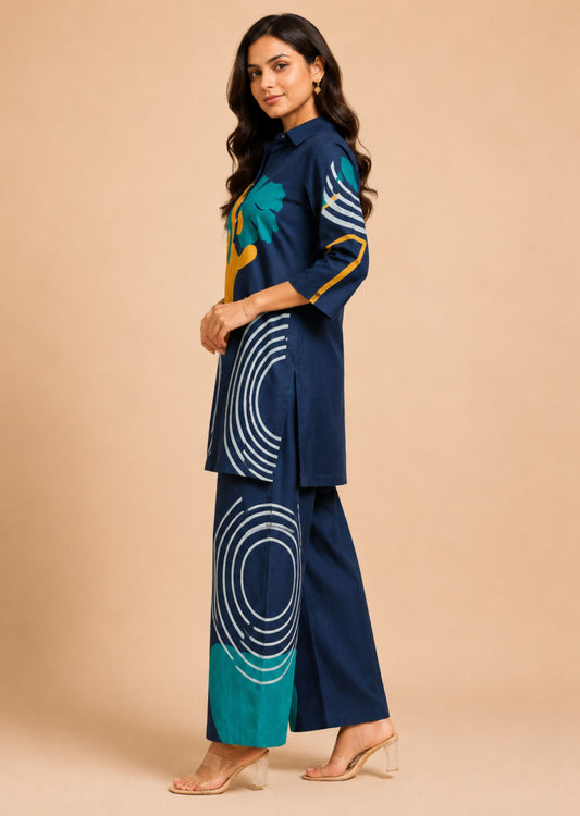 Juni Navy Blue Abstract Printed Co-Ord Set