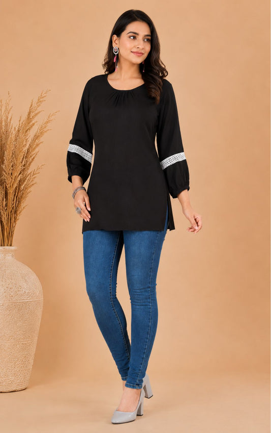 Women's Solid Black Crepe Straight Kurti with Lace-Detailed 3/4 Sleeves
