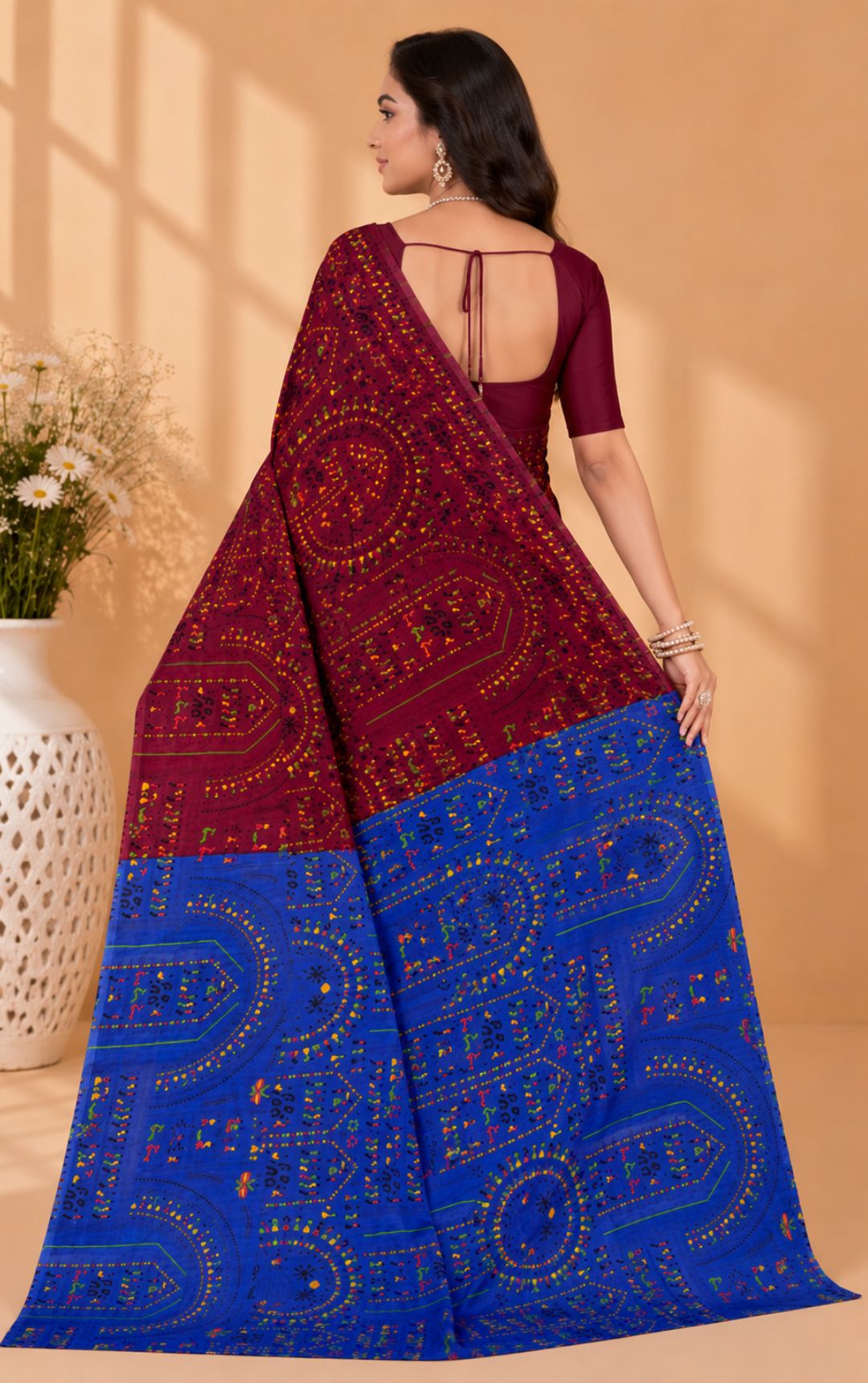 Boutique Special Dual Tone Bandhani Print Saree In Maroon And Blue