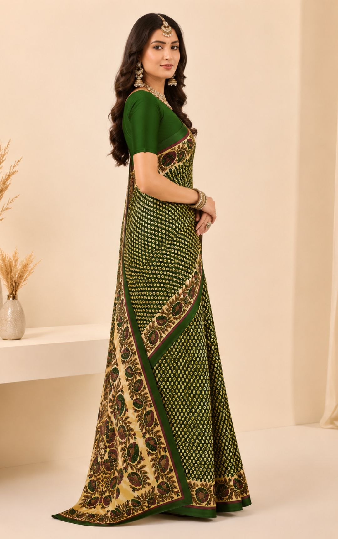 Priyatama Green Bandhani Print Saree With Floral Kalamkari Border
