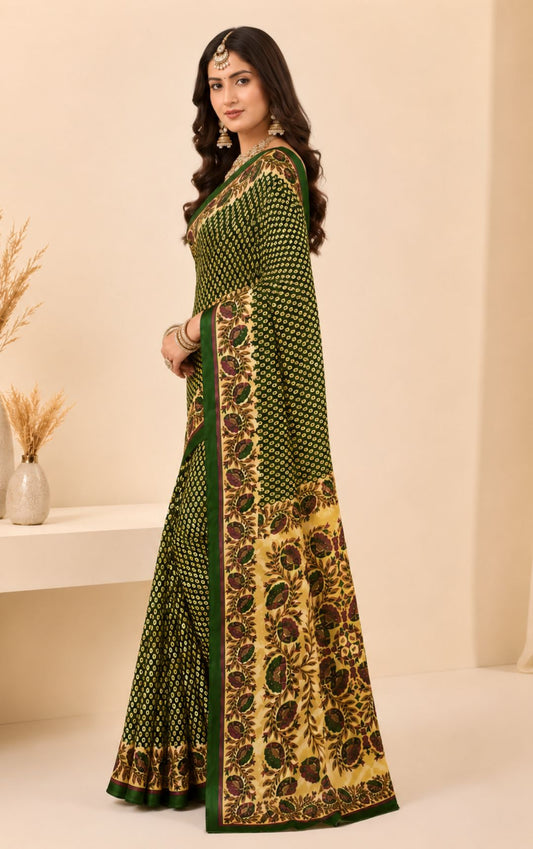 Priyatama Green Bandhani Print Saree With Floral Kalamkari Border