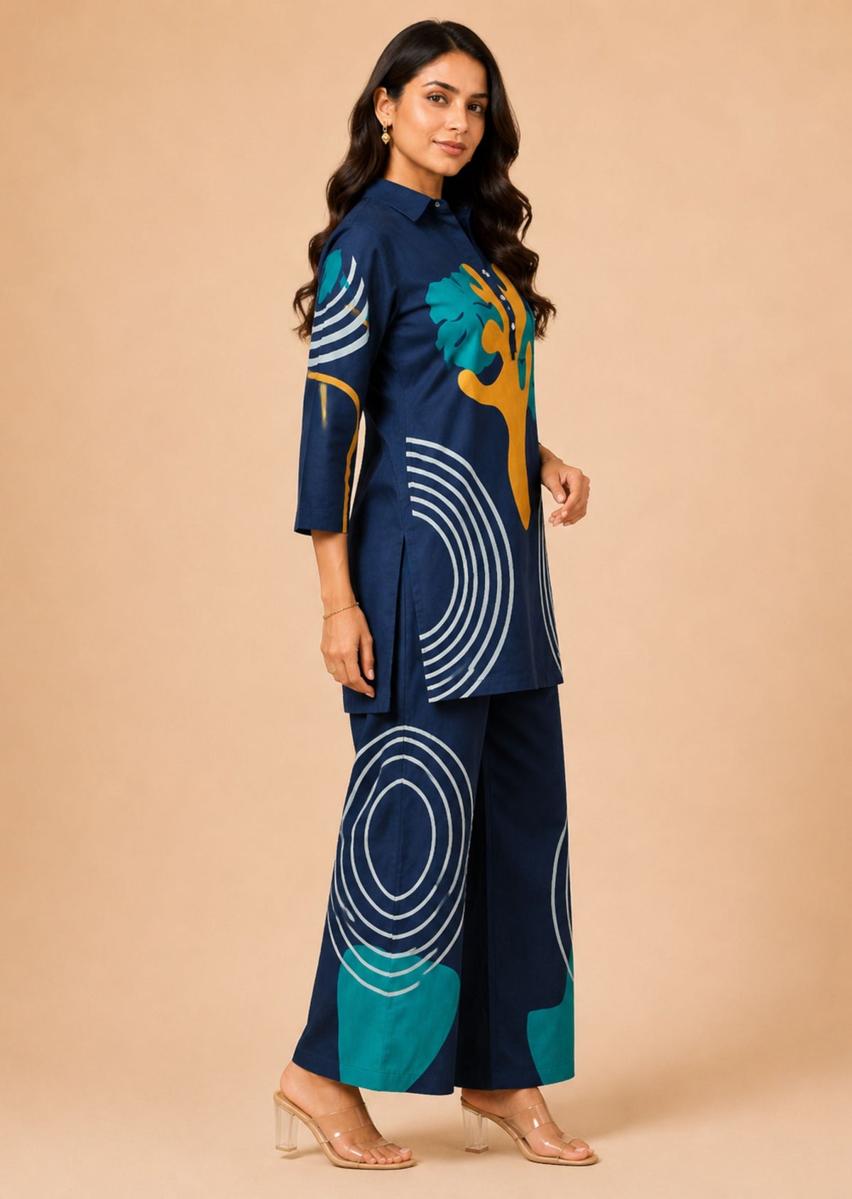 Juni Women Navy Blue Abstract Printed Co-Ord Set With Straight Kurta & Matching Trousers | Soft Breathable Fabric | Minu