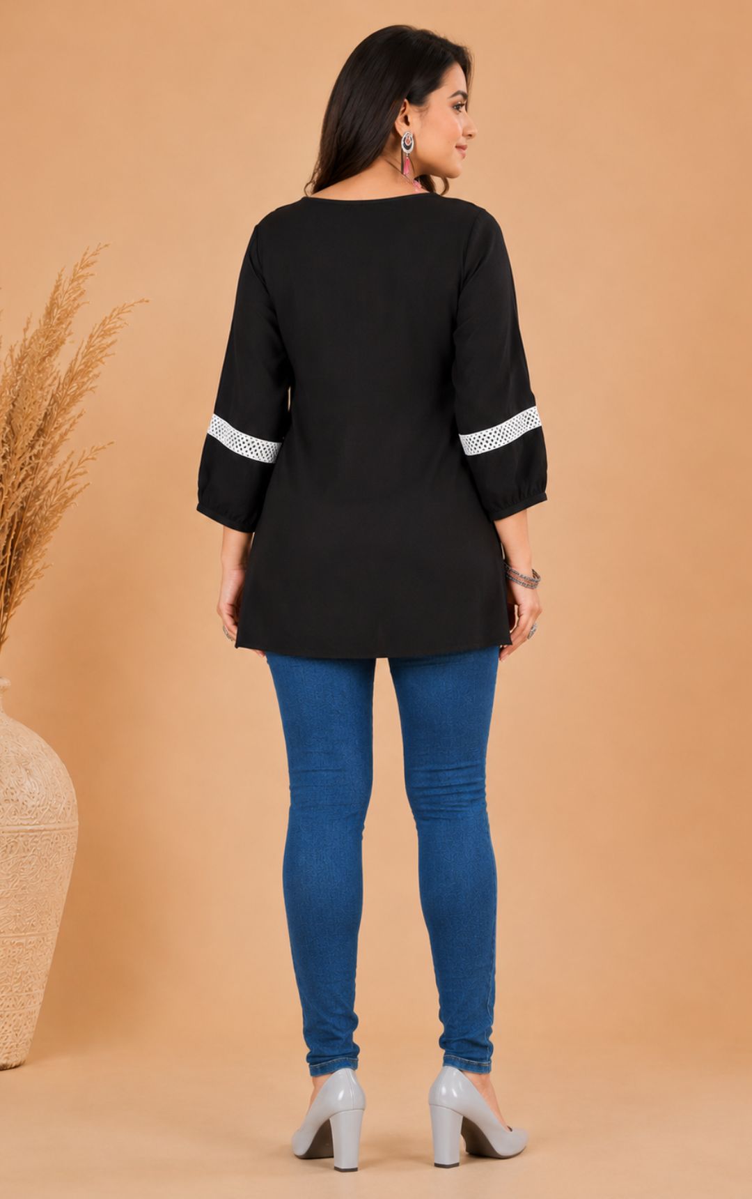 Women's Solid Black Crepe Straight Kurti with Lace-Detailed 3/4 Sleeves