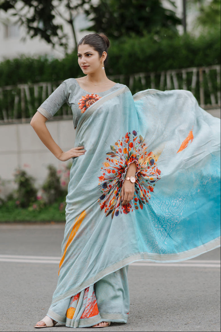 Rashmika Ready To Wear Pure Cotton Digital Printed Kaftan Saree Blue